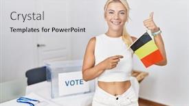  Presentation with political campaign - Slide deck consisting of young-caucasian-woman-at-political background and a light gray colored foreground