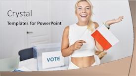  Presentation with political campaign - Slide deck with young-caucasian-woman-at-political background and a light gray colored foreground