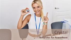  Presentation with political woman - Presentation enhanced with young-caucasian-woman-at-political background and a coral colored foreground