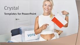  Presentation with political campaign - Presentation enhanced with young-caucasian-woman-at-political background and a light gray colored foreground