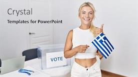  Presentation with political woman - Presentation enhanced with young-caucasian-woman-at-political background and a light gray colored foreground