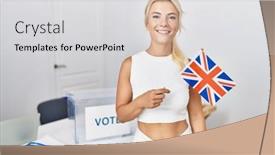  Presentation with political woman - Slides featuring young-caucasian-woman-at-political background and a light gray colored foreground