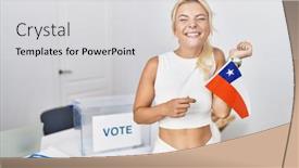 Presentation with political campaign - Presentation design consisting of young-caucasian-woman-at-political background and a light gray colored foreground