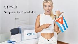  Presentation with political campaign - PPT theme consisting of young-caucasian-woman-at-political background and a light gray colored foreground