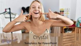  Presentation with retail - Theme consisting of young-caucasian-woman-at-retail background and a  colored foreground