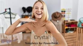  Presentation with retail - Presentation design consisting of young-caucasian-woman-at-retail background and a  colored foreground