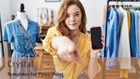  Presentation with retail - PPT theme consisting of young-caucasian-woman-at-retail background and a  colored foreground