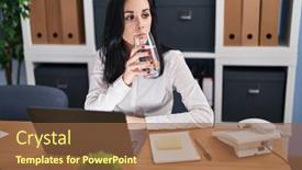  Presentation with drinking water - Presentation design consisting of young-caucasian-woman-business-worker background and a tawny brown colored foreground
