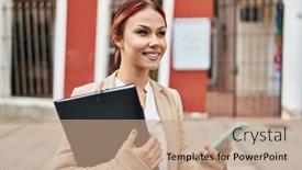  Presentation with binder - PPT theme enhanced with young-caucasian-woman-business-worker background and a coral colored foreground
