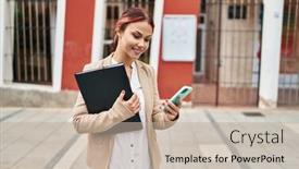  Presentation with binder - Slides featuring young-caucasian-woman-business-worker background and a  colored foreground