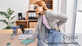  Presentation with backache - Slides having young-caucasian-woman-business-worker background and a light blue colored foreground