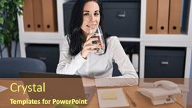  Presentation with drinking glass - Presentation consisting of young-caucasian-woman-business-worker background and a tawny brown colored foreground