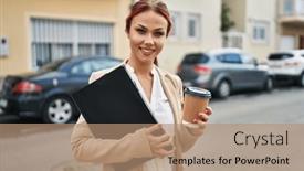  Presentation with binder - Presentation theme consisting of young-caucasian-woman-business-worker background and a coral colored foreground