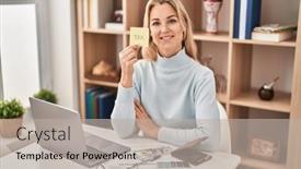  Presentation with money - Theme having young-caucasian-woman-calculating-money background and a light gray colored foreground