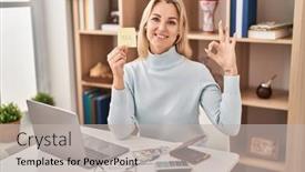  Presentation with money - PPT layouts consisting of young-caucasian-woman-calculating-money background and a light gray colored foreground