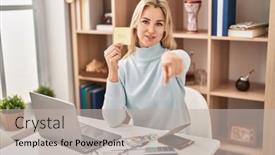  Presentation with money - Presentation theme featuring young-caucasian-woman-calculating-money background and a  colored foreground