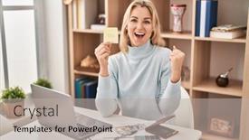  Presentation with money - PPT theme enhanced with young-caucasian-woman-calculating-money background and a  colored foreground