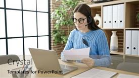  Presentation with call center - Slides featuring young-caucasian-woman-call-center background and a coral colored foreground