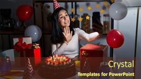  Presentation with birthday - PPT theme consisting of young-caucasian-woman-celebrating-birthday background and a tawny brown colored foreground