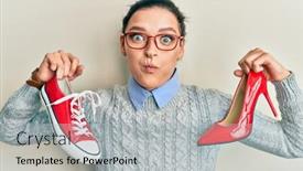  Presentation with sneakers - Presentation design with young-caucasian-woman-choosing-high background and a light gray colored foreground