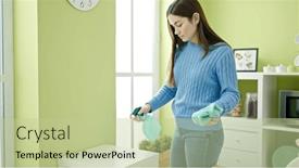  Presentation with room cleaning - Slide deck featuring young-caucasian-woman-cleaning-table background and a mint green colored foreground