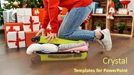  Presentation with suitcase - PPT theme featuring young-caucasian-woman-closing-suitcase background and a coral colored foreground