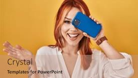  Presentation with achievement - Slide deck having young-caucasian-woman-covering-eye background and a  colored foreground