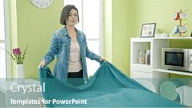  Presentation with tablecloth - PPT layouts with young-caucasian-woman-covering-table background and a teal colored foreground