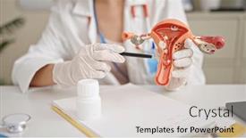  Presentation with clinic - Theme featuring young-caucasian-woman-doctor-showing background and a light gray colored foreground