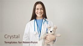  Presentation with teddy bear - Presentation design enhanced with young-caucasian-woman-doctor-smiling background and a soft green colored foreground