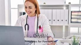  Presentation with medical laptop - Presentation theme consisting of young-caucasian-woman-doctor-using background and a light gray colored foreground