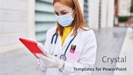  Presentation with hospital mask - Presentation theme featuring young-caucasian-woman-doctor-wearing background and a light gray colored foreground