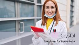  Presentation with hospital mask - Presentation design enhanced with young-caucasian-woman-doctor-wearing background and a lemonade colored foreground