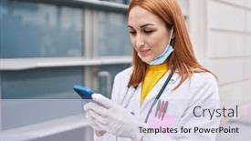  Presentation with hospital mask - Presentation with young-caucasian-woman-doctor-wearing background and a sky blue colored foreground