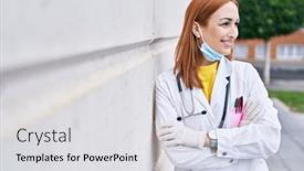  Presentation with hospital mask - Slide set featuring young-caucasian-woman-doctor-wearing background and a light gray colored foreground