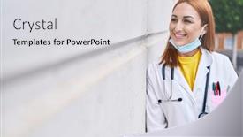  Presentation with hospital mask - Theme consisting of young-caucasian-woman-doctor-wearing background and a light gray colored foreground