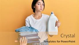  Presentation with laundry detergent - Cool new presentation design with young-caucasian-woman-doing-laundry backdrop and a yellow colored foreground