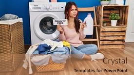  Presentation with laundry detergent - Slide set with young-caucasian-woman-doing-laundry background and a coral colored foreground