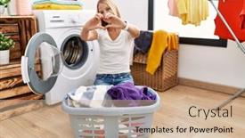 Presentation with romantic love - Presentation design with young-caucasian-woman-doing-laundry background and a coral colored foreground