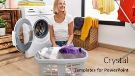  Presentation with laundry - Slide set consisting of young-caucasian-woman-doing-laundry background and a coral colored foreground