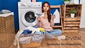  Presentation with laundry detergent - Slides having young-caucasian-woman-doing-laundry background and a coral colored foreground