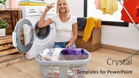  Presentation with laundry - Slide set enhanced with young-caucasian-woman-doing-laundry background and a  colored foreground