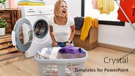  Presentation with laundry - PPT theme having young-caucasian-woman-doing-laundry background and a soft green colored foreground