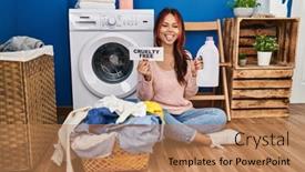  Presentation with cruelty - PPT layouts featuring young-caucasian-woman-doing-laundry background and a coral colored foreground