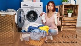  Presentation with puffing - PPT theme consisting of young-caucasian-woman-doing-laundry background and a coral colored foreground
