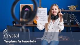  Presentation with sheet music - Slide set enhanced with young-caucasian-woman-doing-online background and a ocean colored foreground