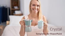  Presentation with coffee - PPT theme featuring young-caucasian-woman-drinking-coffee background and a  colored foreground