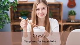  Presentation with asian chopsticks - Presentation theme having young-caucasian-woman-eating-asian background and a coral colored foreground