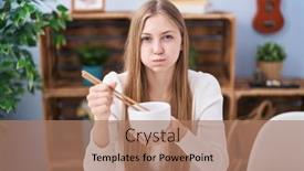  Presentation with asian chopsticks - Slide set consisting of young-caucasian-woman-eating-asian background and a coral colored foreground