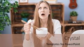  Presentation with asian chopsticks - Presentation theme having young-caucasian-woman-eating-asian background and a  colored foreground